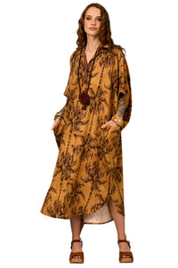 Chemise Midi Viscolinho Marrom Estampa De Coqueiros Yacamim P1