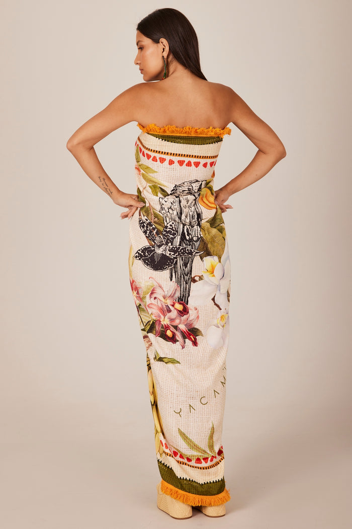 Canga Quadrada Bege Estampada Com Franjinhas Yacamim K2