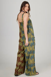 Macacão Longo Pantalona Verde Estampa Coqueiros Patchwork Yacamim O6