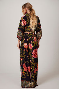 Calça Pantalona Com Bolsos Preto Estampado Yacamim A33