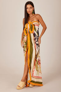 Canga Quadrada Bege Estampada Com Franjinhas Yacamim K2