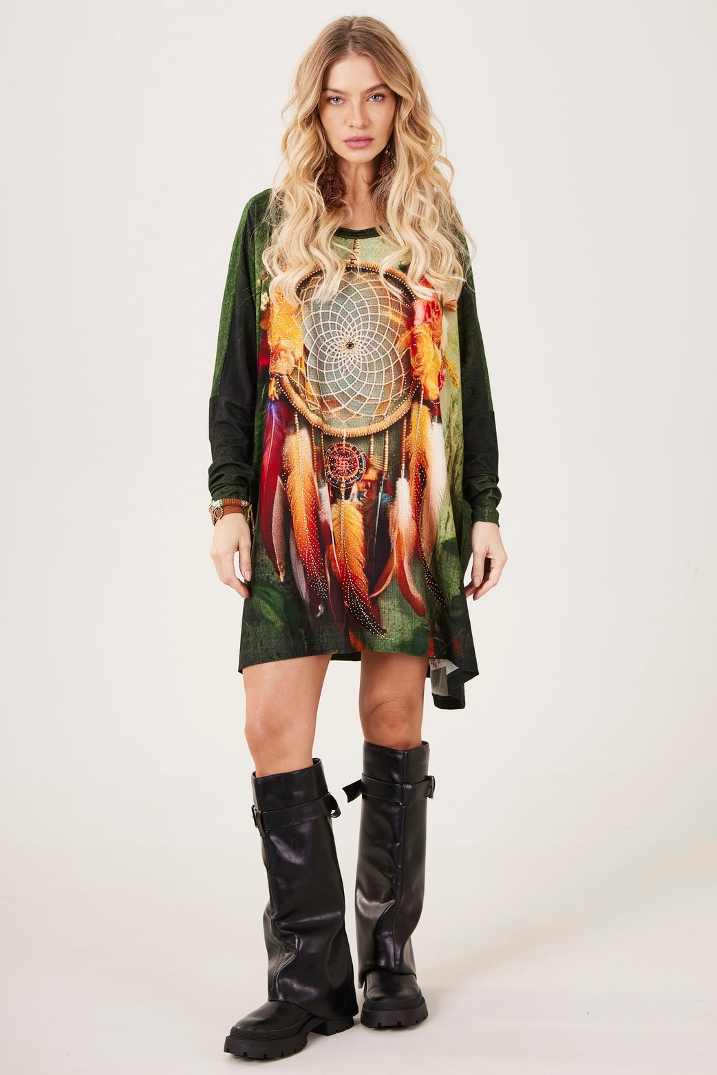 Bata Ampla Com Pedrinhas Estampa Exclusiva Filtro Dos Sonhos Verde Yacamim T4