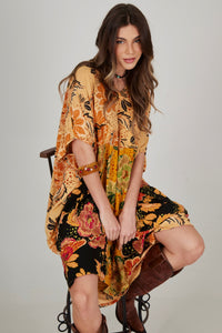 Kaftan Midi Amarelo E Preto Patchwork Yacamim J8