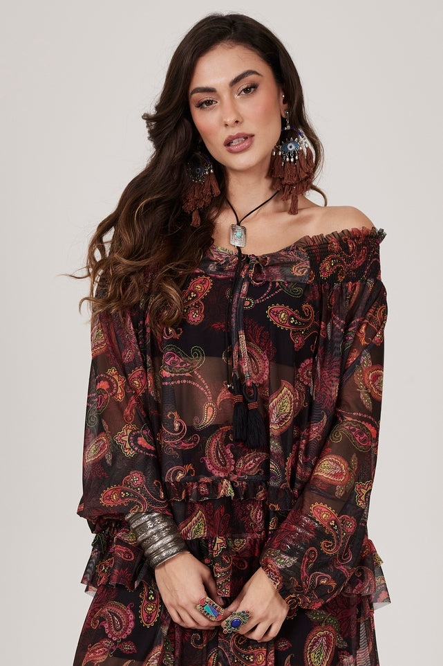 Bata De Tule Ciganinha Preta Estampa Cashmere Yacamim A21