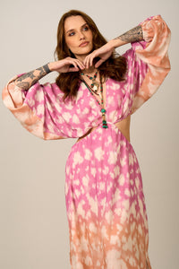 Vestido Longo Vazado Tie Dye Rosa E Laranja Yacamim C17