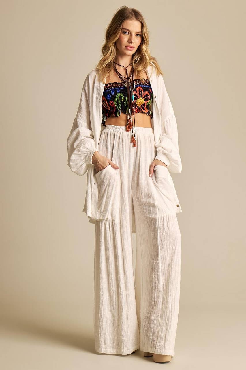 Calça Pantalona Com Elástico No Cós Branco Yacamim A3