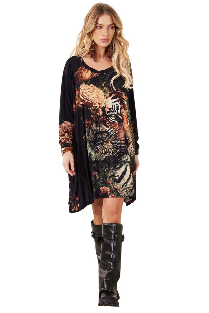 Bata Ampla Com Pedrinhas Estampa Exclusiva De Tigre Preta Yacamim S10