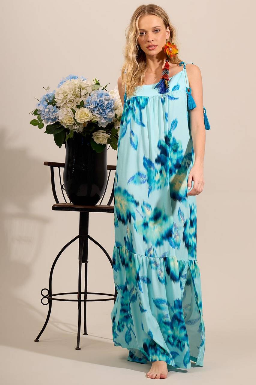 Vestido Longo Um Ombro Só De Alças Azul Claro Estampado Yacamim E8