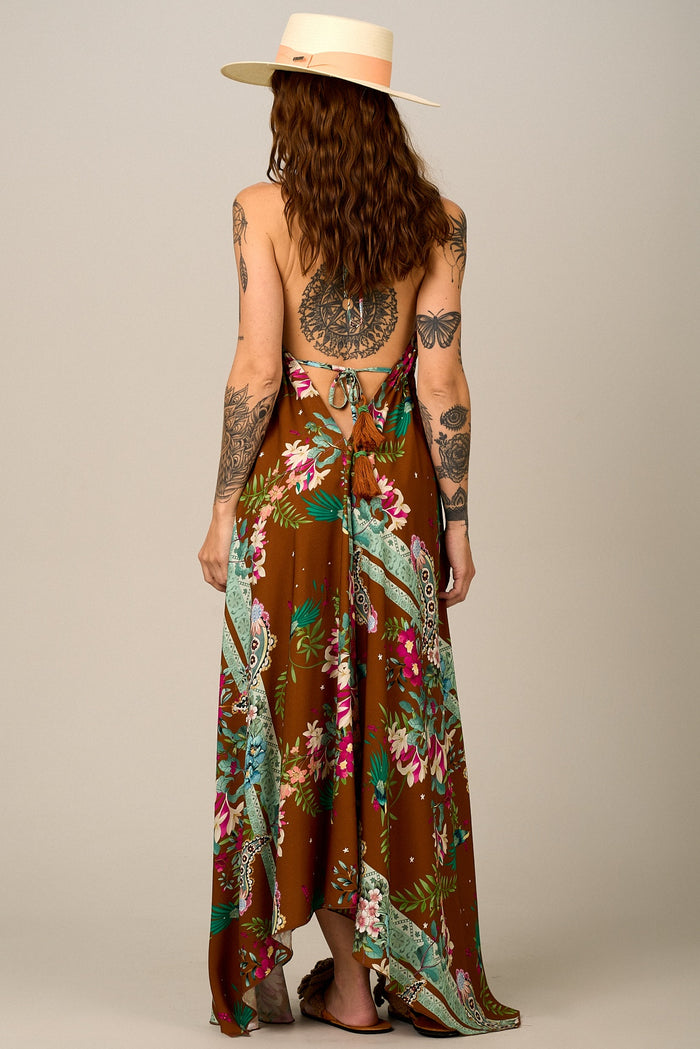 Vestido Longo Frente Única Marrom Estampa Paisley Yacamim E9