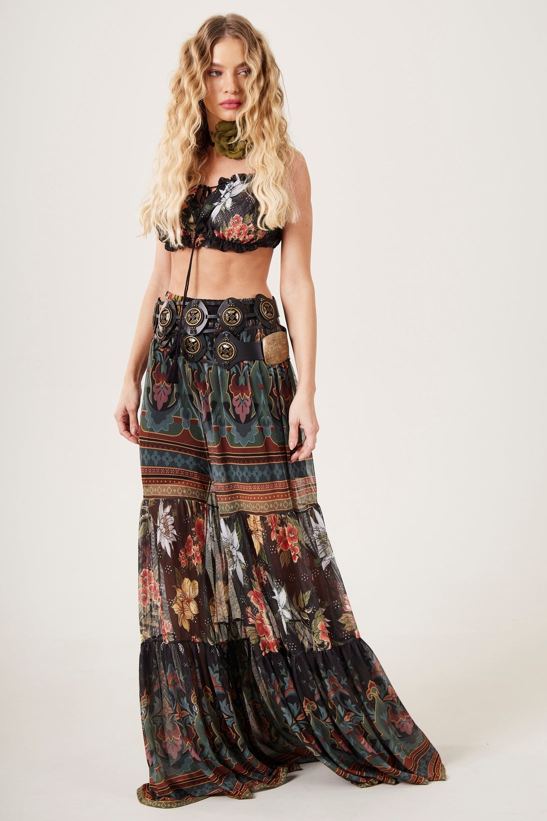 Calça Pantalona De Tule Preto Patchwork Yacamim A22 Paris