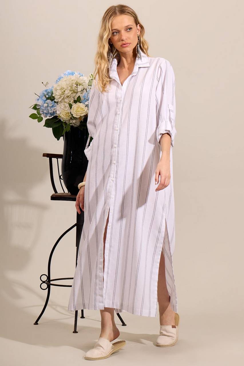 Chemise Longa De Linho Com Mangas Longas Branca Listrado Yacamim N3