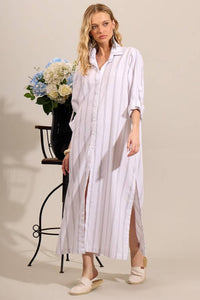 Chemise Longa De Linho Com Mangas Longas Branca Listrado Yacamim N3