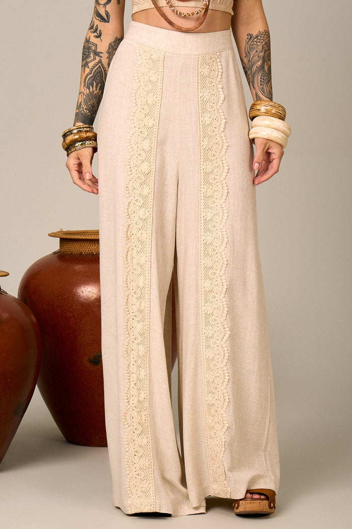 Calça Pantalona De Viscolinho Bege Nature Yacamim H2