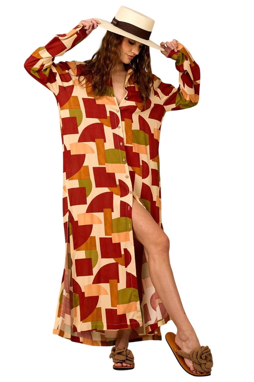 Chemise Longa Ampla Estampa Geométrica Yacamim N4