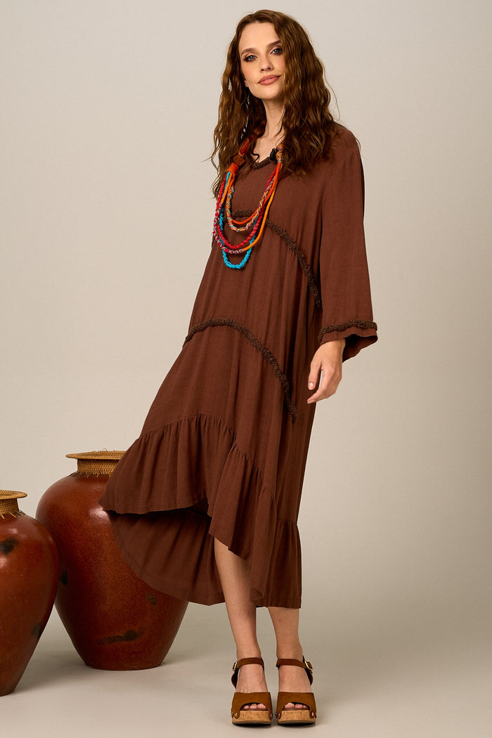 Vestido Midi De Viscolinho Com Babados Marrom Escuro Yacamim E16