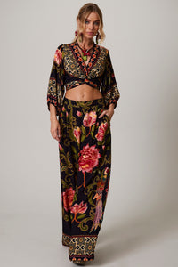 Calça Pantalona Com Bolsos Preto Estampado Yacamim A33