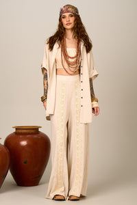 Calça Pantalona De Viscolinho Bege Nature Yacamim H2