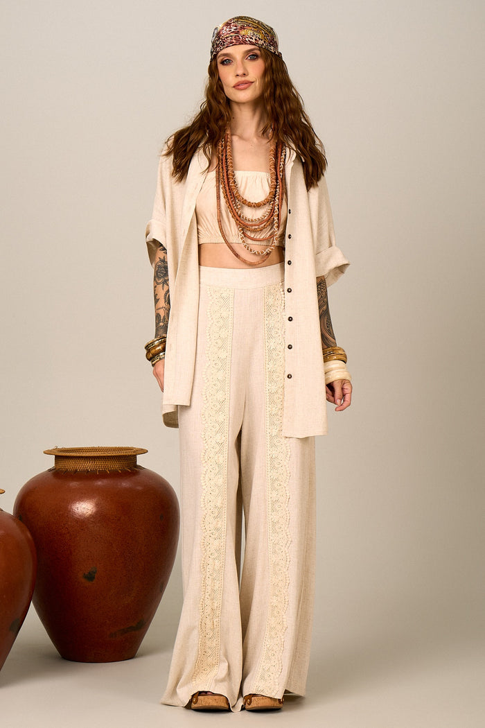 Calça Pantalona De Viscolinho Bege Nature Yacamim H2