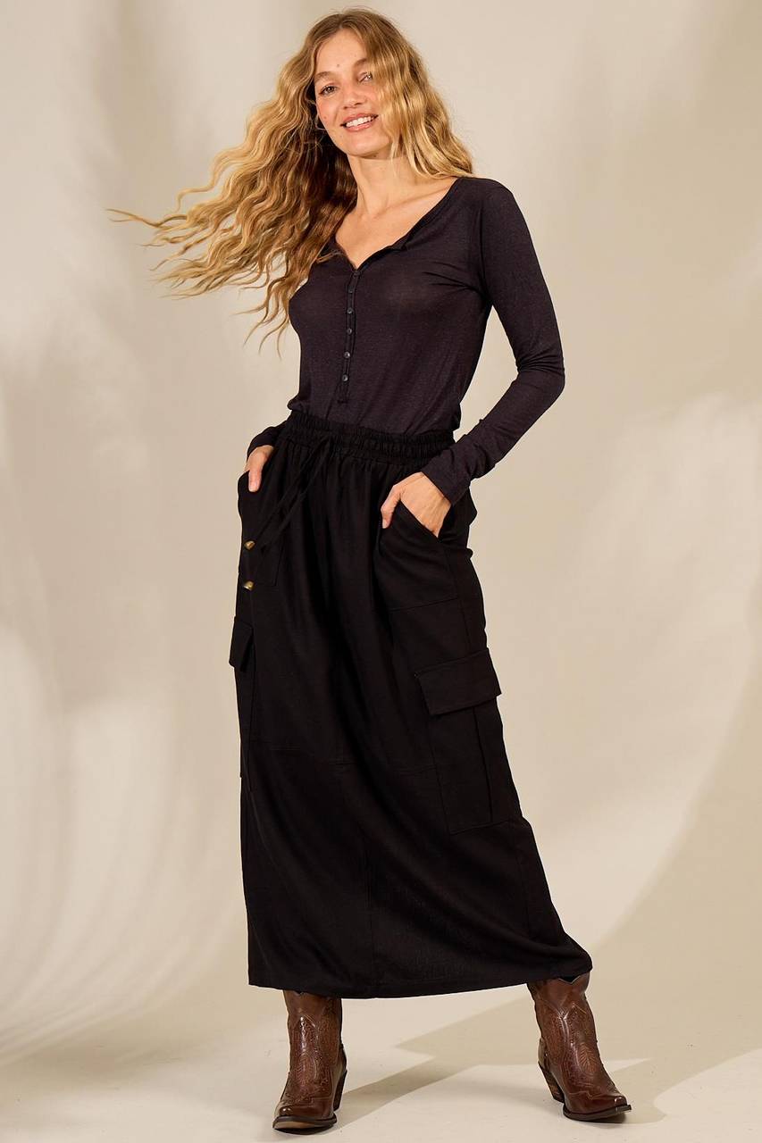 Saia Midi De Linho Com Fendas Preta Yacamim G1