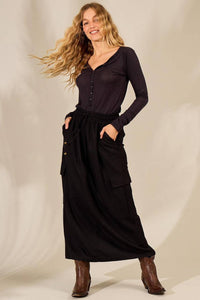 Saia Midi De Linho Com Fendas Preta Yacamim G1