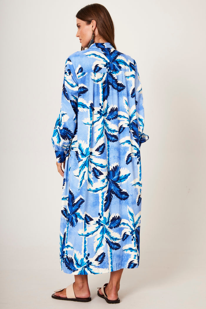 Chemise Midi Amplo Azul Estampa Tropical Yacamim P9