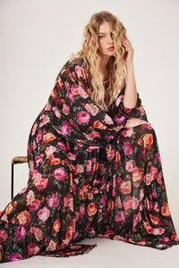 Vestido De Tule Longo Preto Estampa Floral Yacamim D15 Paris