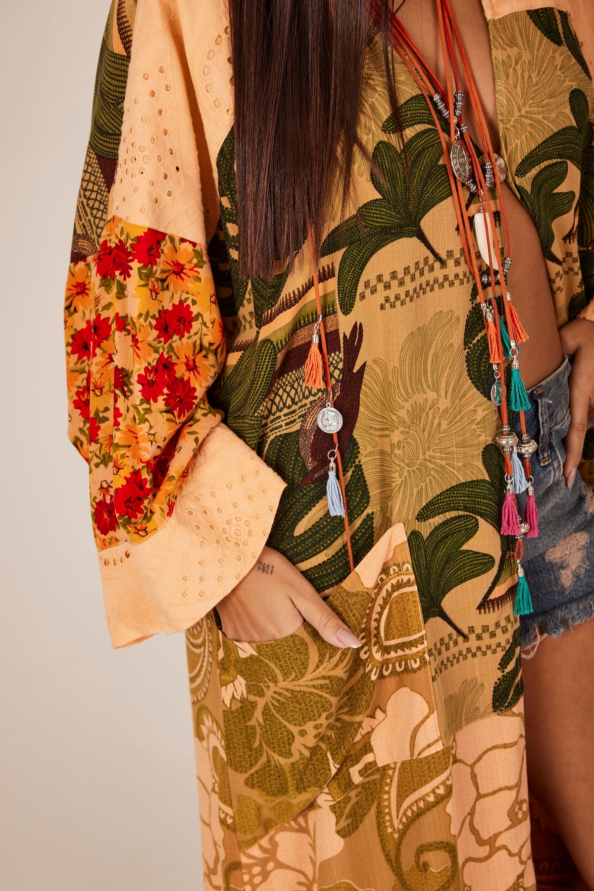 Kimono Longo Laranja Patchwork Yacamim J10