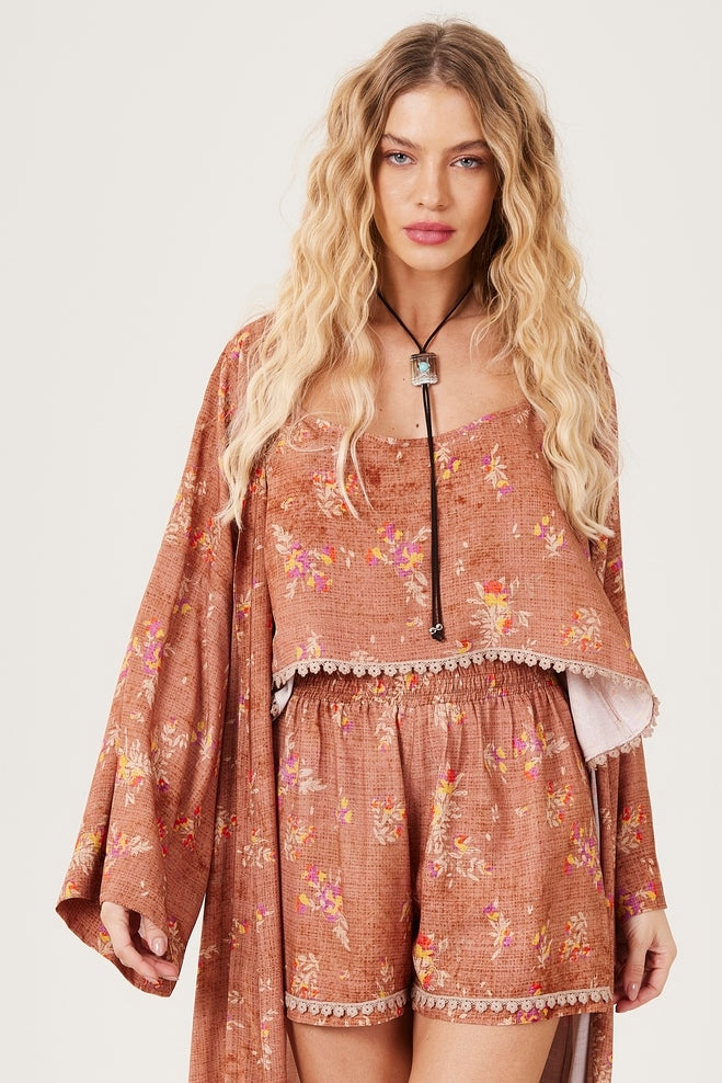 Conjunto Cropped E Shorts Marrom Claro Estampado Yacamim A9