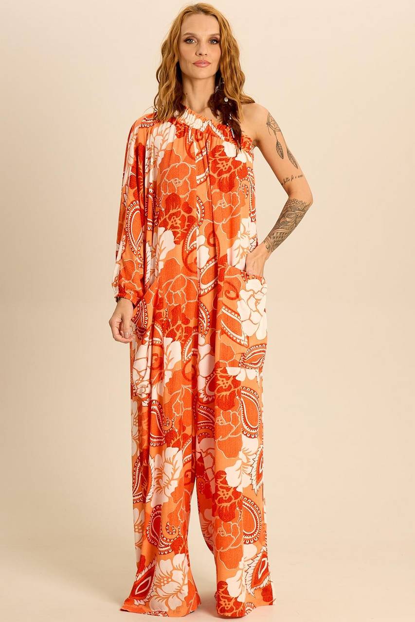 Macacão Longo Pantalona Um Ombro Só Laranja Estampa Paisley Yacamim O4