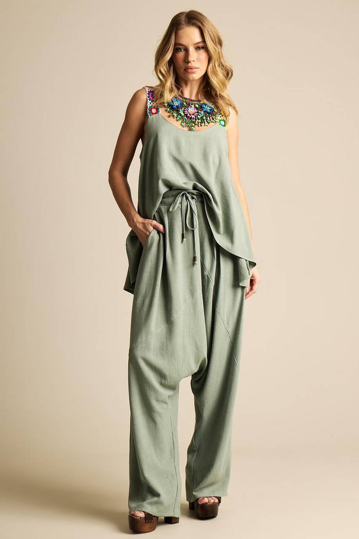 Calça Saruel De Linho Com Cordão Verde Yacamim A7