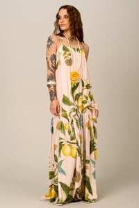 Vestido Longo De Alças Reguláveis Bege Estampado Yacamim E2