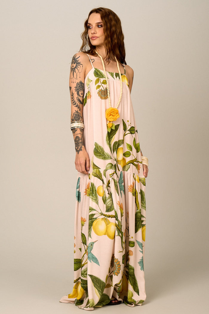 Vestido Longo De Alças Reguláveis Bege Estampado Yacamim E2