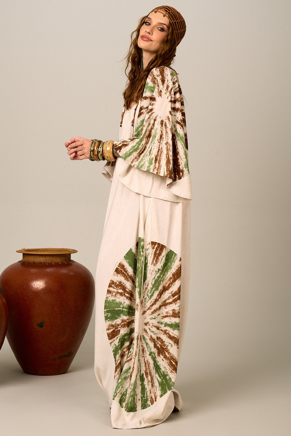 Vestido Longo Bege Estampa De Mandalas Yacamim E12