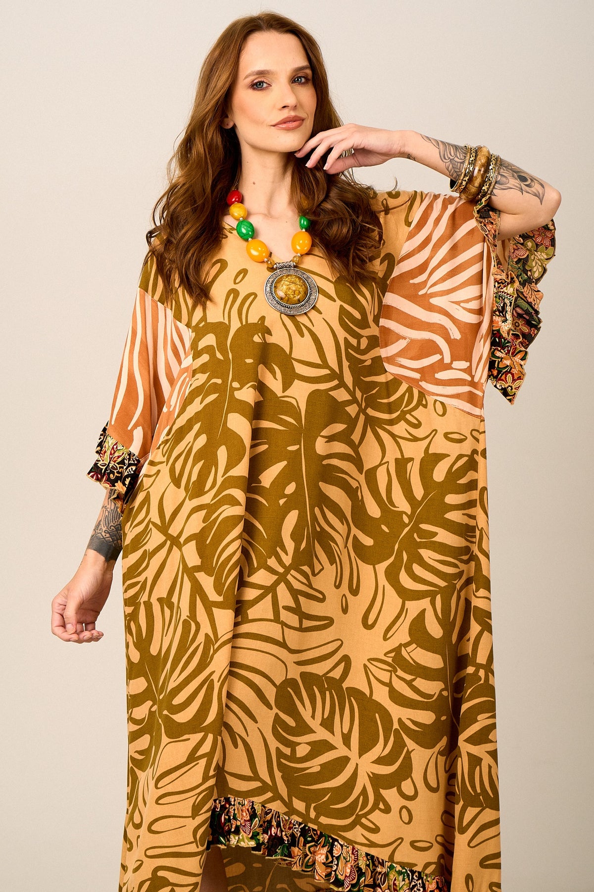 Kaftan Midi Amplo Mostarda Patchwork Yacamim J6