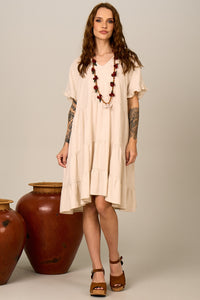 Vestido Curto Bege Nature Viscolinho Yacamim C27