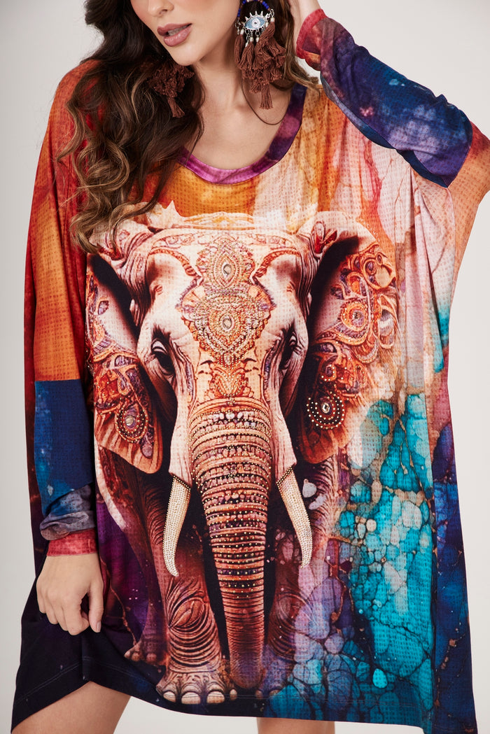 Bata Ampla Com Estampa De Elefante Com Pedrinhas Yacamim B13