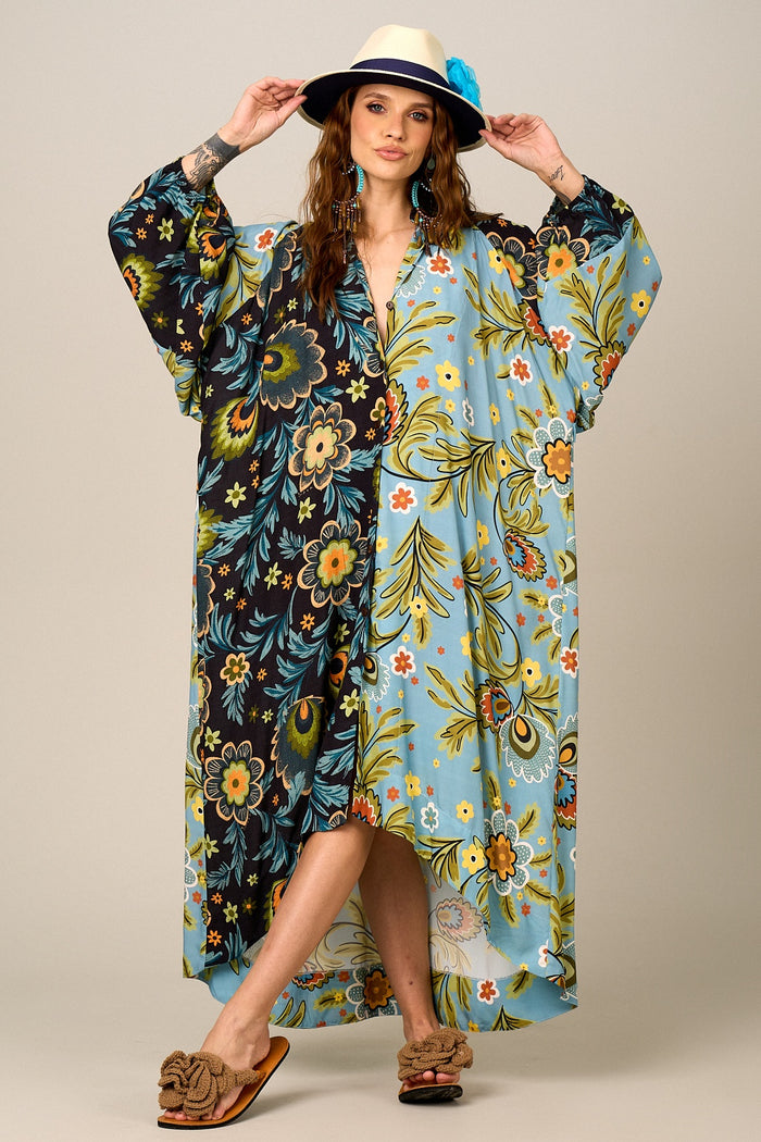 Chemise Longo Mullet Azul Estampado Patchwork Yacamim M1