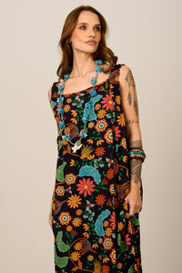 Vestido Longo De Alças Largas Preto Estampado Yacamim E22