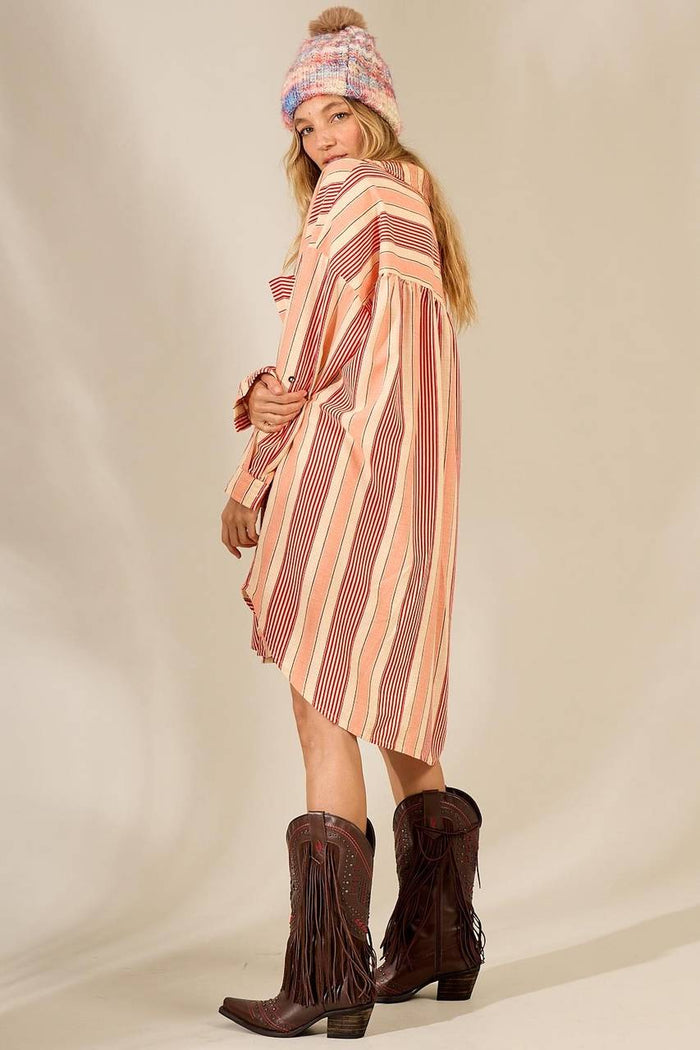 Chemise Amplo Alongado De Linho Rosé Estampado Listrado Yacamim N8