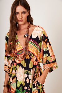 Kaftan Midi Preto E Laranja Estampa Tropical Yacamim J4