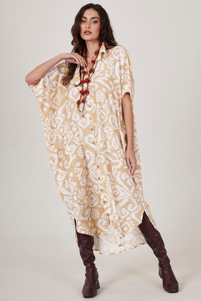 Chemise Midi Botões Mostarda Estampado Yacamim L6