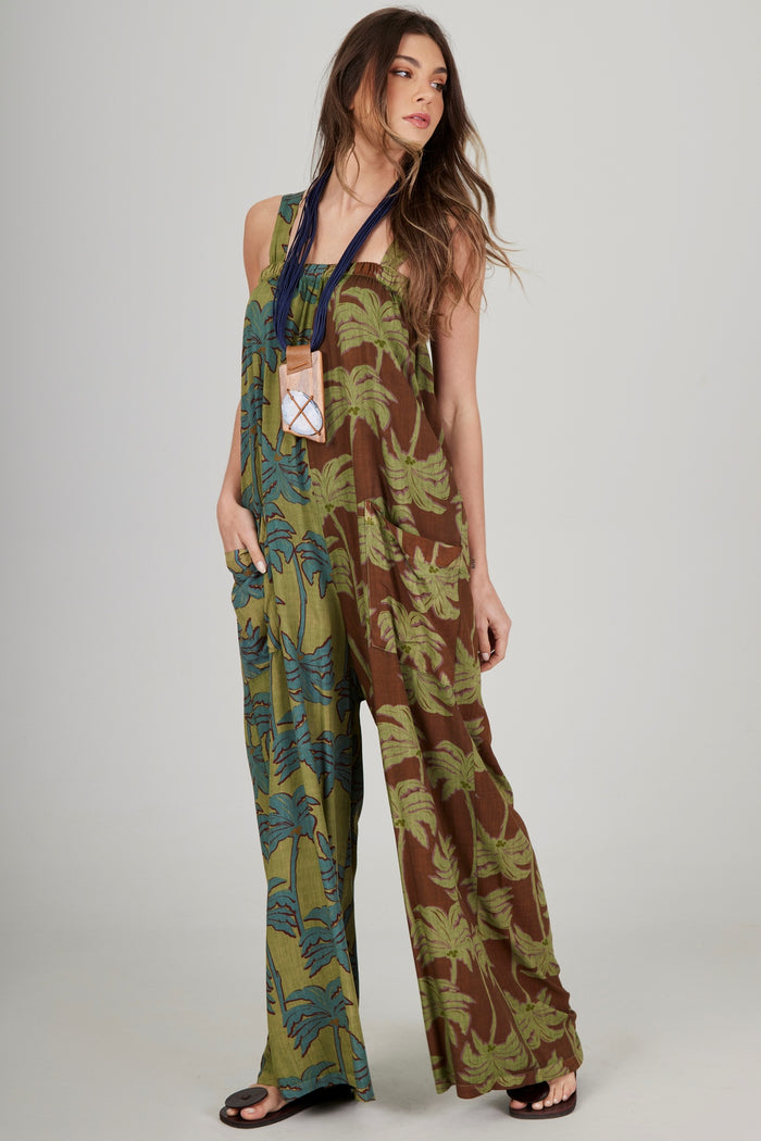 Macacão Longo Pantalona Verde Estampa Coqueiros Patchwork Yacamim O6