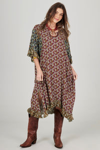 Kaftan Midi Bordô E Verde Patchwork Yacamim J1