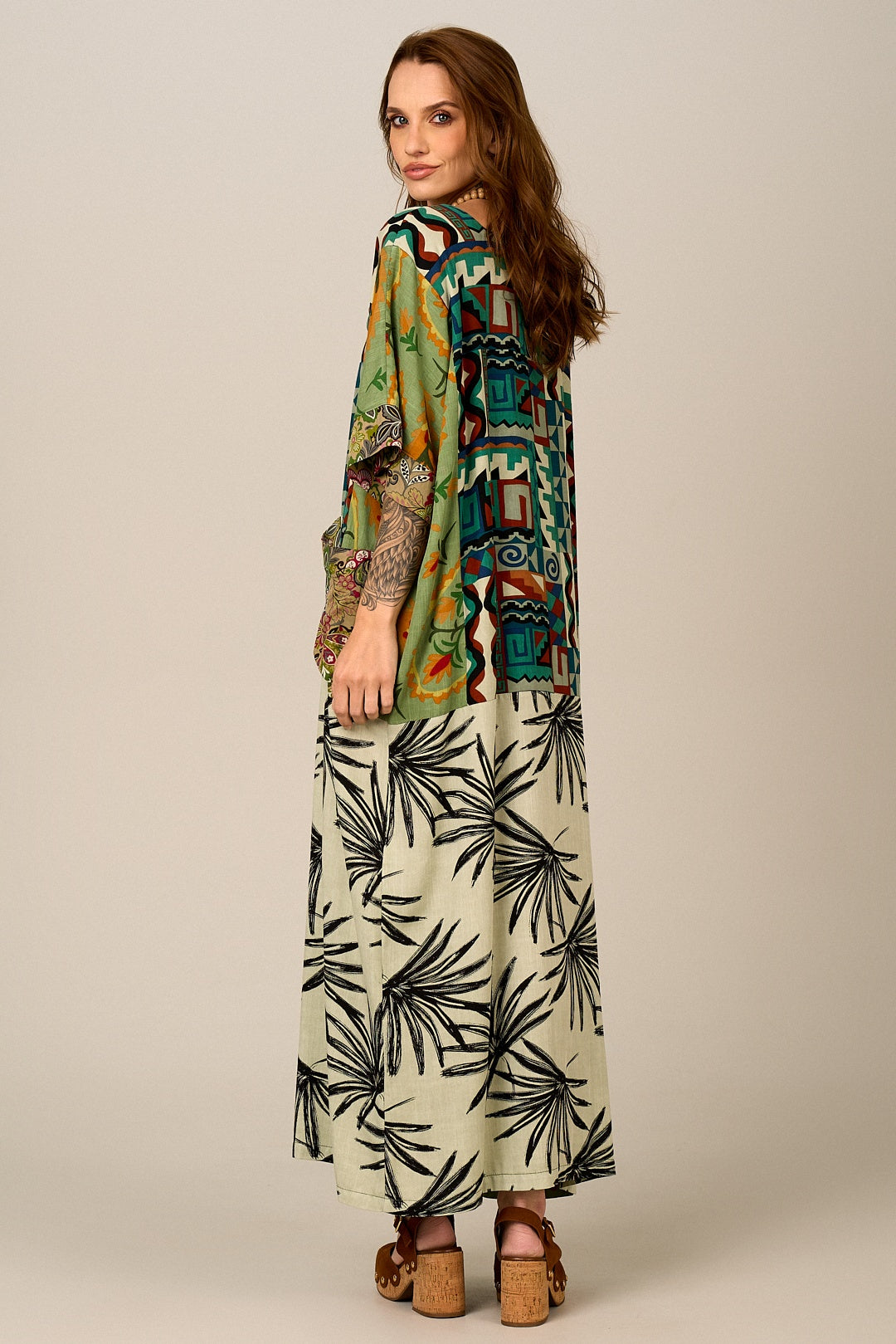 Kaftan Longo Verde Estampado Patchwork Yacamim J3