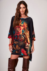 Bata Ampla Alongada Estampa De Onça Com Pedrinhas Yacamim B28