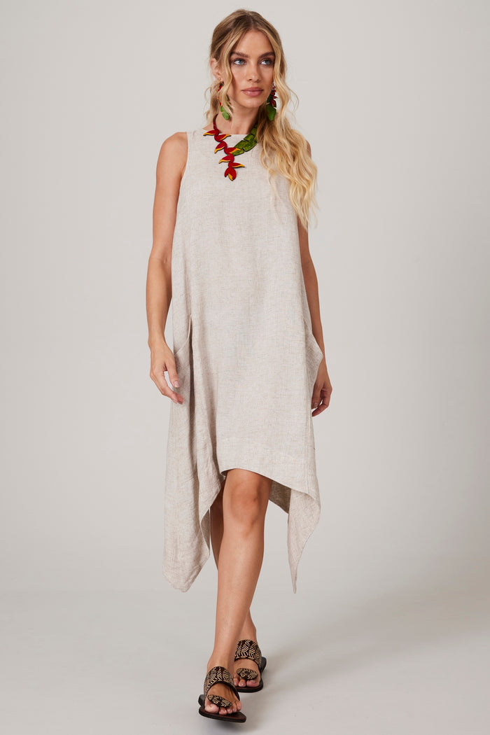 Vestido Regata Curto De Linho Bege Yacamim E28 Liso