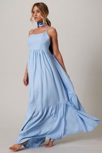 Vestido Longo De Linho Azul Claro Yacamim c5 Liso