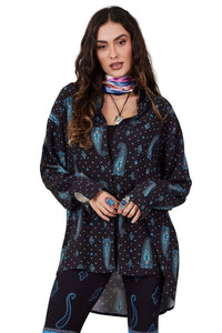 Camisa Ampla Manga Longa Azul Marinho cashmere Yacamim A16