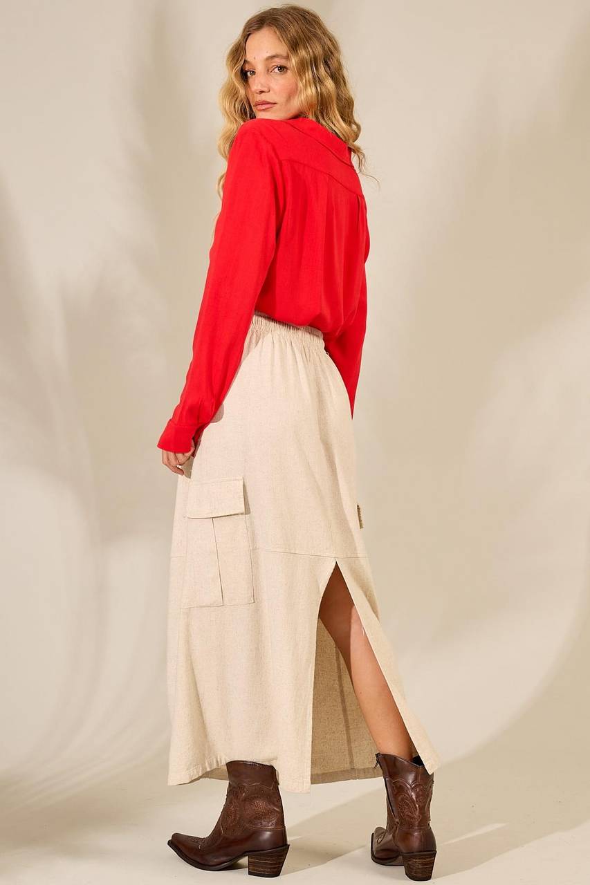 Saia Midi De Linho Com Fendas E Bolsos Bege Yacamim G5