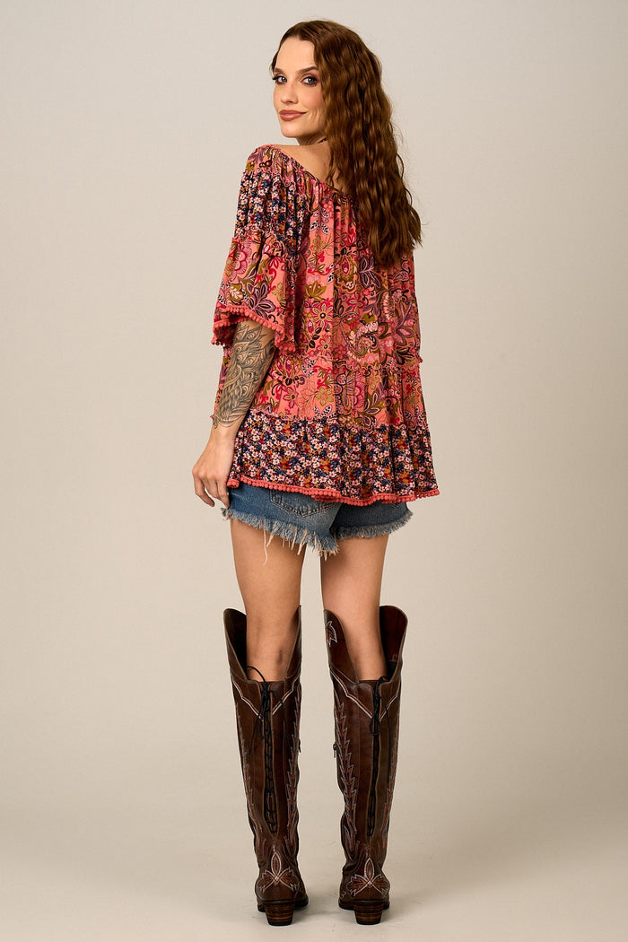 Bata Ampla Rosa Estampado Patchwork Yacamim B25